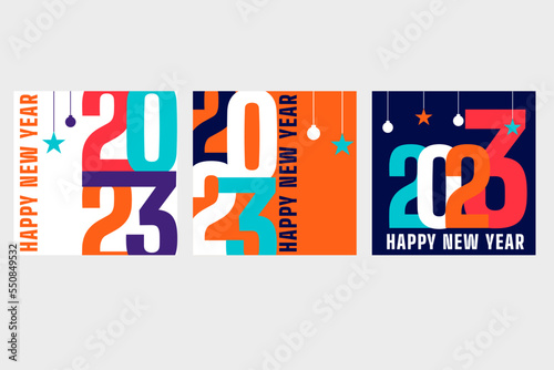 2023 set of Happy New Year posters. Abstract geometric typography design