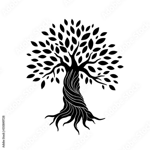 Silhouette of a tree with branches, leaves and roots. Vector illustration, logo of the black olive tree icon.