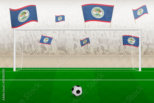 Belize football team fans with flags of Belize cheering on stadium, penalty kick concept in a soccer match.