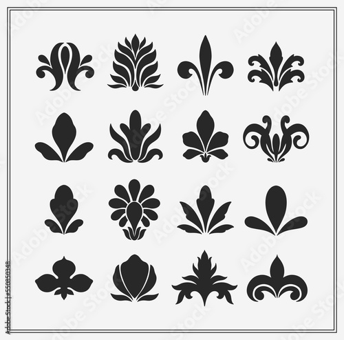 Text boarder divider for printing in typography. Floral elegant motif in silhouette. Art deco mirrored palmette.