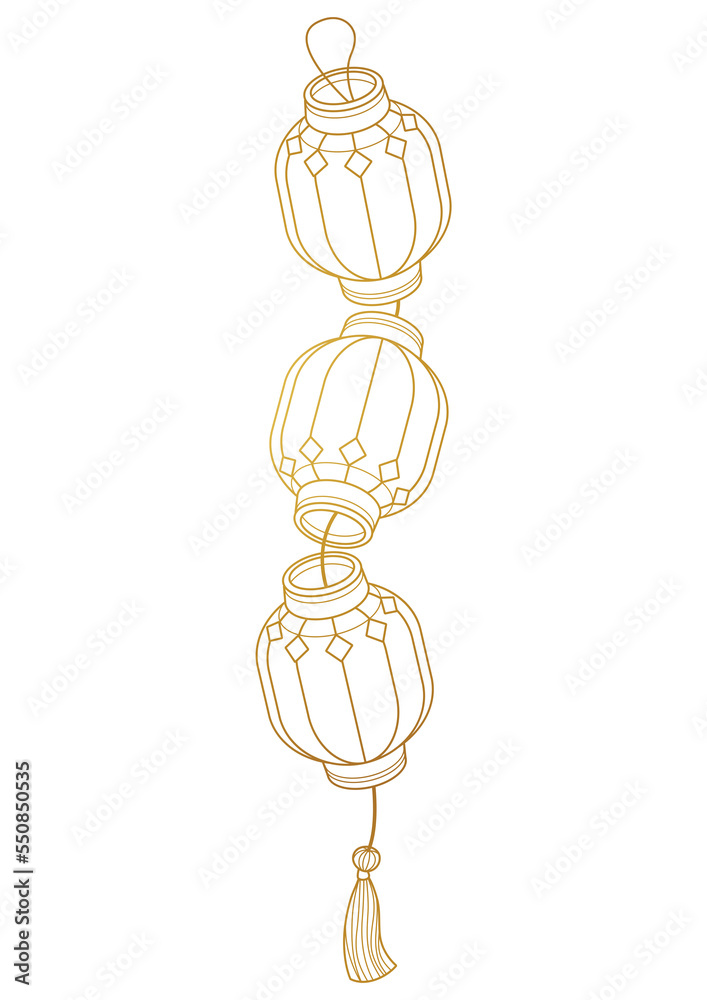 Golden line art paper lanterns, lucky knot in Chinese style. Gold isolated design element.