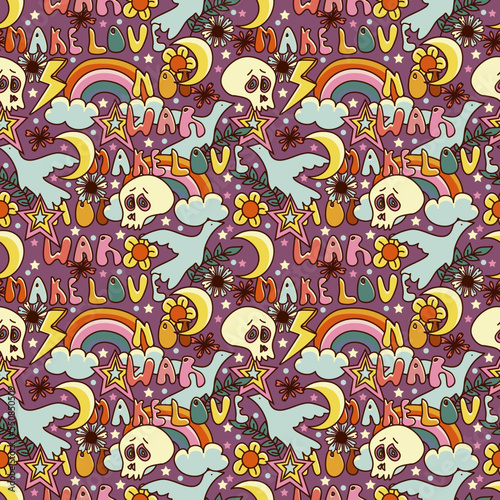 Vector seamless pattern in 70s style. Hand drawn psychedelic hippies background.