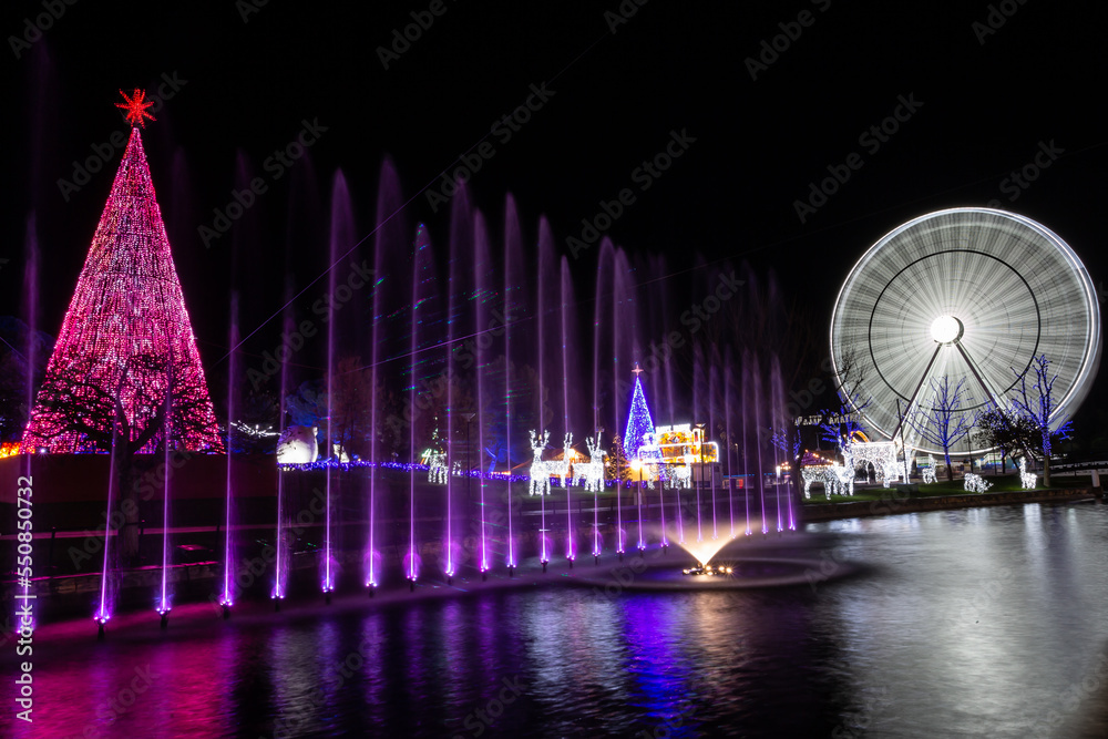 Christmas decoration set consisting of a Christmas tree, water with lights and a giant Ferris wheel. Night photo of Christmas lights.