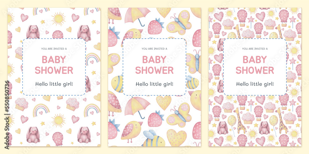 Baby shower watercolor design elements. Set of baby birthday illustration. Newborn party invitation