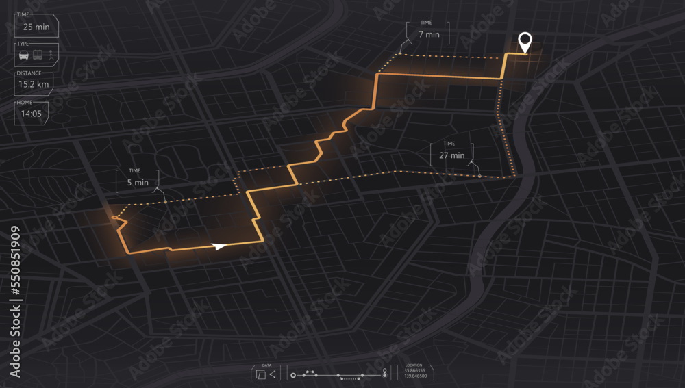 Gps map navigation to own house. View from above the map buildings. Detailed view of city. Tracking car location.. City top view. Abstract background. Flat style, Vector, illustration isolated.