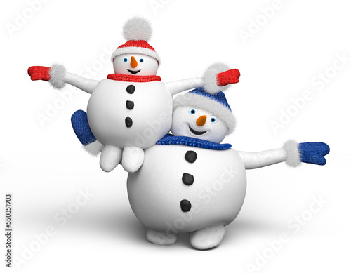 Cartoon snowmen: father and child play and walk. Isolated illustration. 3D Render. © Kler