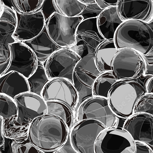 Black, white, grey seamless background with grunge stain intersecting circles and rings