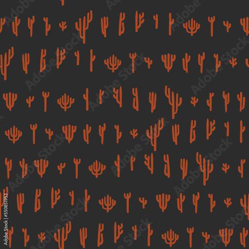 Hand drawn abstract vector graphic clipart illustration boho cactus desert concept seamless pattern composition.Wild Western design concept.Bohemian wild west contemporary art.Cowboy modern drawing.
