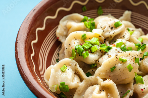 a classic traditional dish of dumplings with meat, butter, pepper and greens, food of the countries of the world, gastrotourism