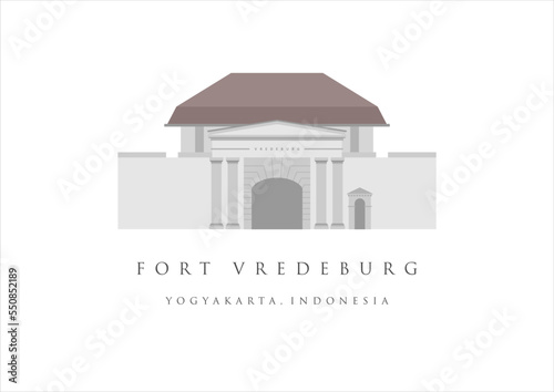 Fort Vredeburg or Benteng Vredeburg landmark building of Yogyakarta. Heritage tourism of Indonesia. Jogjakarta old building vector illustration