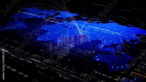 Global connectivity from Dubai to other major cities around the world. Technology, network connection, trading, and traveling concept.