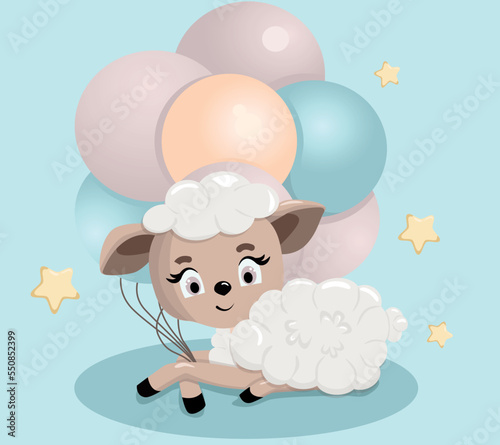 Cute sheep. Funny illustration of a sheep with balloons. Baby Hare