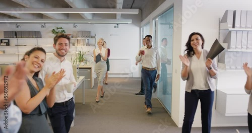 Success, congratulations and applause of business people in office after job well done or welcome to workplace. Clapping, wow and support of happy group, coworkers or colleagues celebrating promotion photo