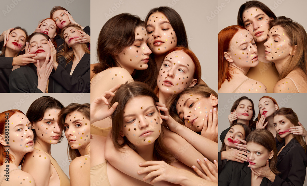 Collage. Portrait of young beautiful women in black jackets and red lipstick makeup posing over grey background