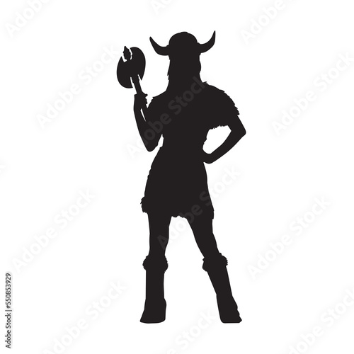 Female Viking warrior with horned helmet silhouette. Vector illustration of barbarian warrior.