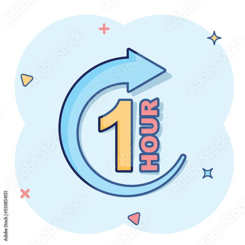 1 hour clock icon in comic style. Timer countdown cartoon vector illustration on isolated background. Time measure splash effect sign business concept.