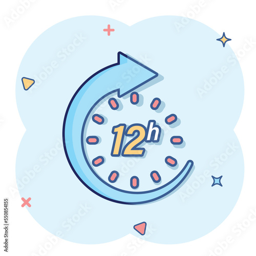 12 hours clock icon in comic style. Timer countdown cartoon vector illustration on isolated background. Time measure splash effect sign business concept.