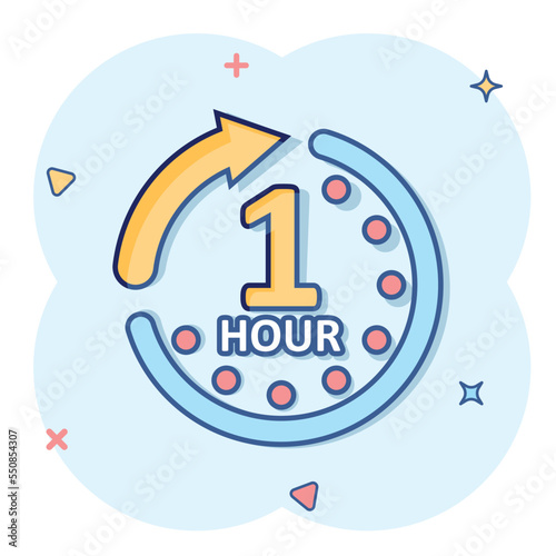 1 hour clock icon in comic style. Timer countdown cartoon vector illustration on isolated background. Time measure splash effect sign business concept.