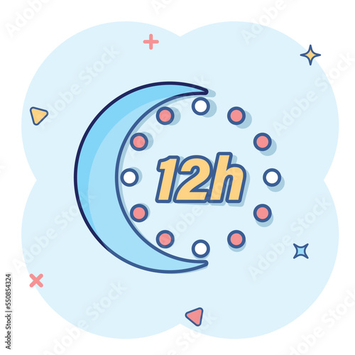 12 hour clock icon in comic style. Timer countdown cartoon vector illustration on isolated background. Time measure splash effect sign business concept.