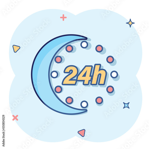 24 hours clock icon in comic style. Timer countdown cartoon vector illustration on isolated background. Time measure splash effect sign business concept.