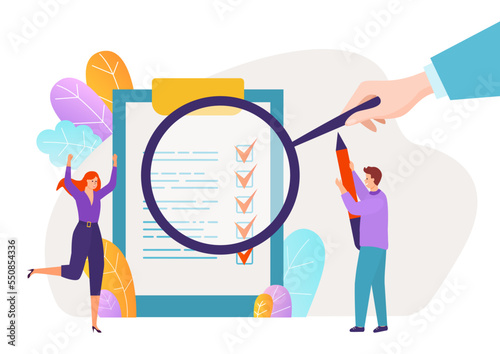 Businessman hand hold magnifying glass, to do list business time management personal productivity flat vector illustration, isolated on white.