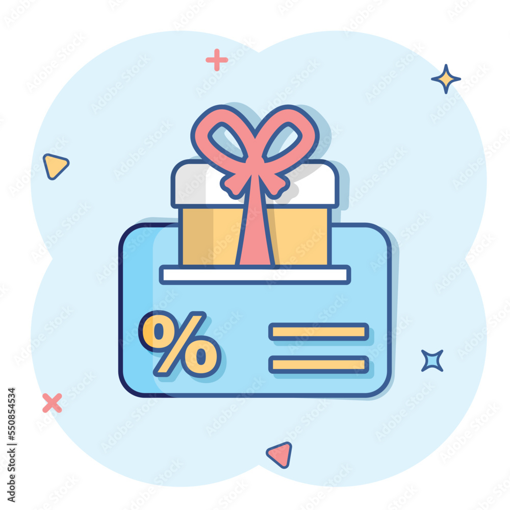 Gift card icon in comic style. Discount coupon cartoon vector illustration on isolated background. Bonus certificate splash effect sign business concept. Gift card icon in comic style. Discount coupon cartoon vector illustration on isolated background. Bonus certificate splash effect sign business concept.
