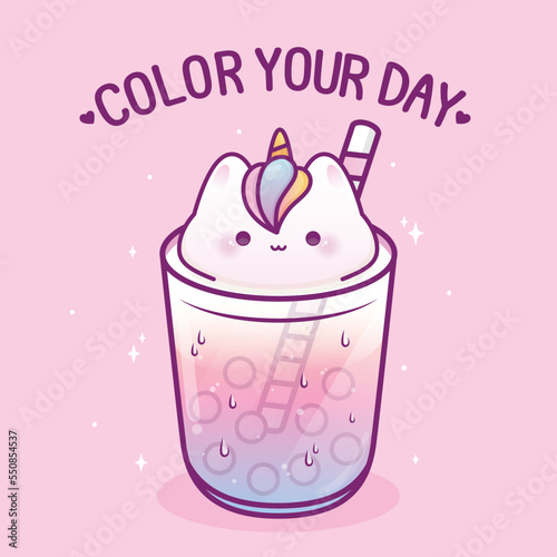 cute unicorn bubble tea with quotes