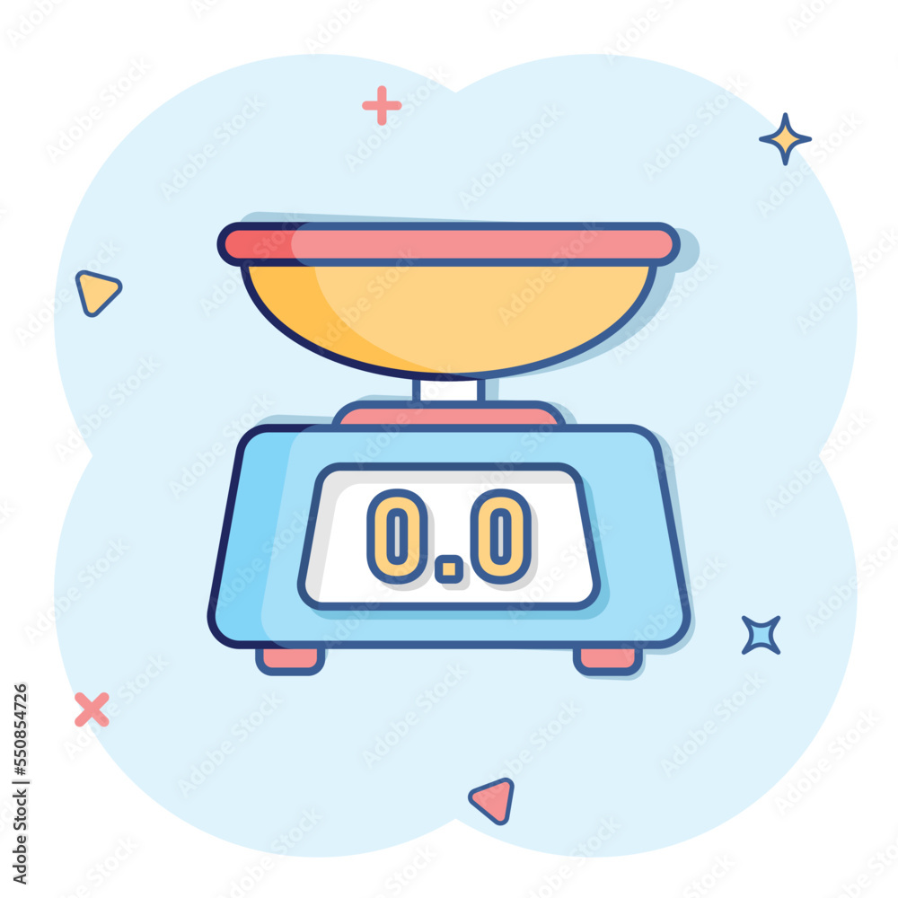 Bathroom weight scale icon in comic style. Mass measurement cartoon vector  illustration on isolated background. Overweight splash effect sign business  concept. Stock Vector