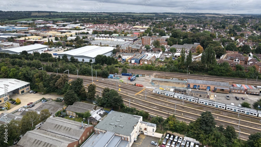 Railway Station Letchworth Garden City, Hertfordshire England UK Drone Aerial 