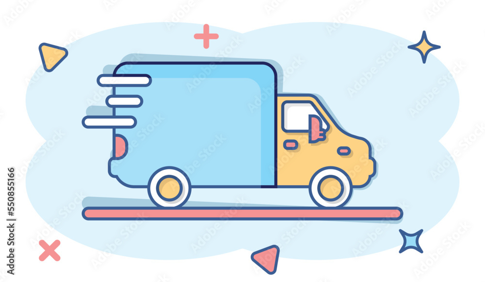 Shipping fast icon in comic style. Delivery truck cartoon vector illustration on isolated background. Express logistic splash effect sign business concept. Shipping fast icon in comic style. Delivery truck cartoon vector illustration on isolated background. Express logistic splash effect sign business concept.