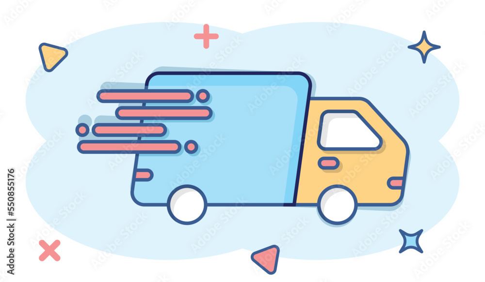 Shipping fast icon in comic style. Delivery truck cartoon vector illustration on isolated background. Express logistic splash effect sign business concept.