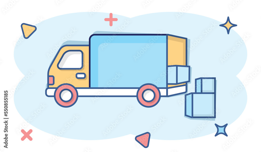 Fototapeta premium Shipping fast icon in comic style. Delivery truck cartoon vector illustration on isolated background. Express logistic splash effect sign business concept.