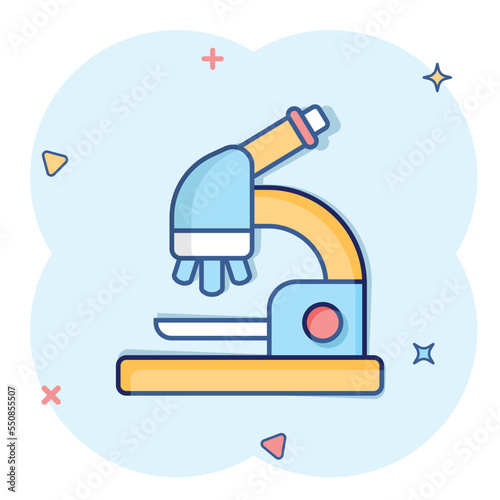 Microscope icon in comic style. Laboratory magnifier cartoon vector illustration on isolated background. Biology instrument splash effect sign business concept.