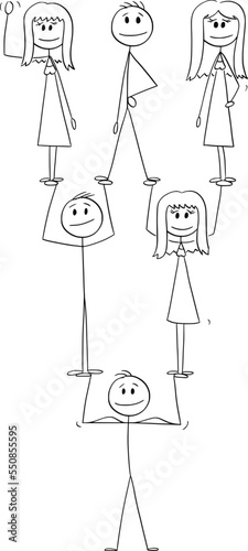 Team of People Standing in Hierarchy, Management Reverse Pyramid , Vector Cartoon Stick Figure Illustration