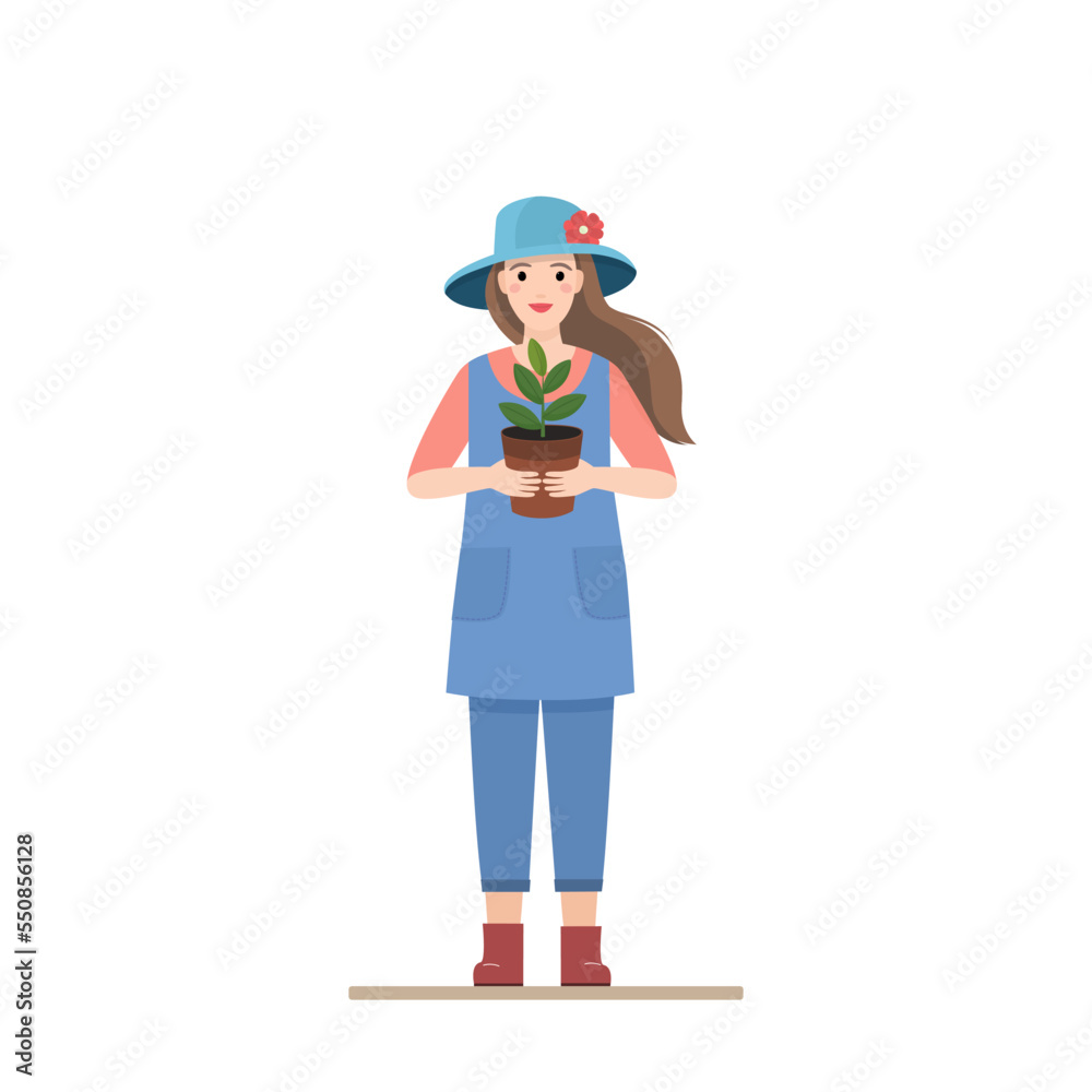 Happy woman gardener in apron holds flower pot. Flower care. Vector illustration in flat style.