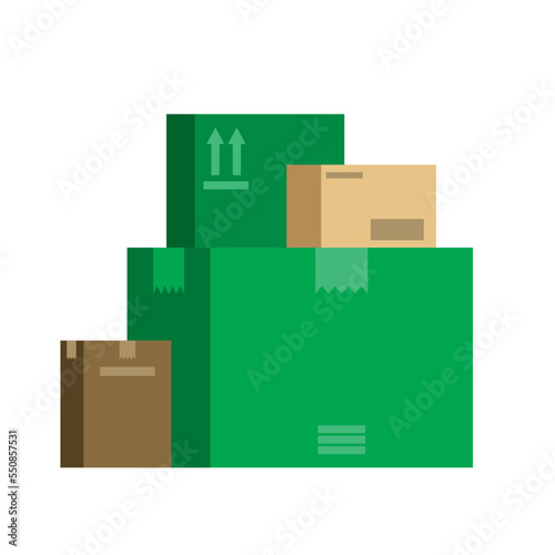 Pile of boxes. Package delivery. Various mail shipping boxes. Stockpile of goods. Sealed boxes ready for distribution. Shopping. Shipping gifts for holidays. Eco green and brown. Vector illustration.