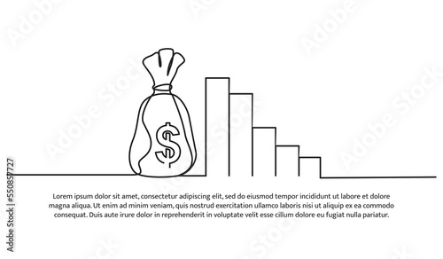 Continuous line design of money sacks and diagrams. Economic growth decline graph symbol. Decorative elements drawn on a white background.