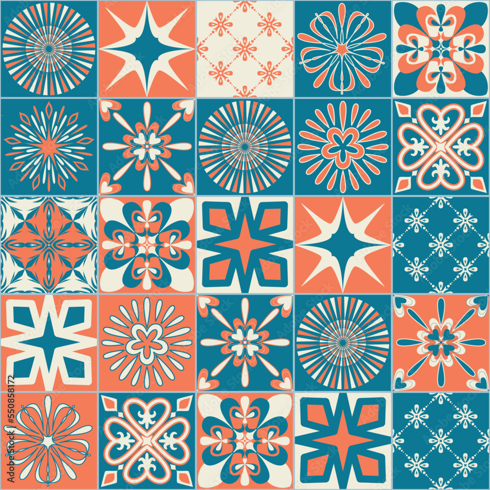 Ceramic tile with square patterns orange blue color, trendy patchwork ceramic tile