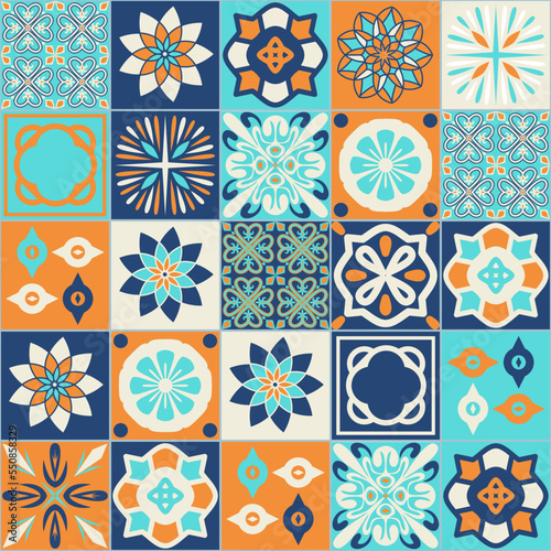 Mediterranean style ceramic tiles, square tile blue orange ivory decorative background