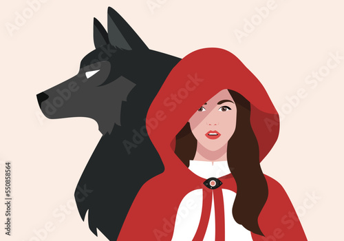 Portrait of Little Red Riding Hood with Black Wolf