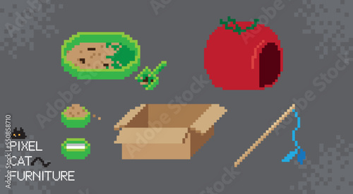 Cat furniture set. Kitten house, toilet (litter box), bracket, scratching board, climbing platform (cat tree) , bed, feed, toy. Pet equipment...etc retro 8-bit game pixel style vector illustration.