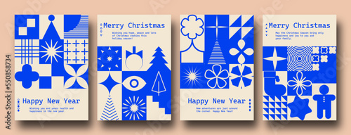 Geometric minimalist Christmas posters. Modern bauhaus brutalist bold shapes, primitive blocks swiss style. Trendy Winter Holidays art templates.	 photo
