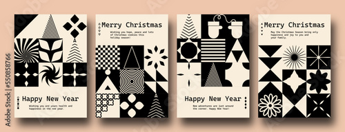 Geometric minimalist Christmas posters. Modern bauhaus brutalist bold shapes, primitive blocks swiss style. Trendy Winter Holidays art templates.	