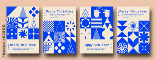 Geometric minimalist Christmas posters. Modern bauhaus brutalist bold shapes, primitive blocks swiss style. Trendy Winter Holidays art templates.	