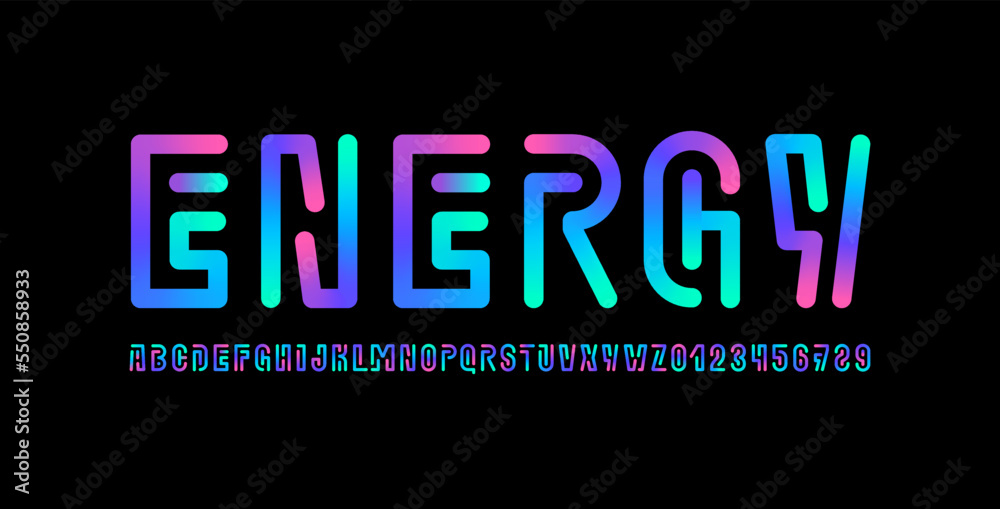 Obraz premium Technology abstract font alphabet made in bright style letters and numbers