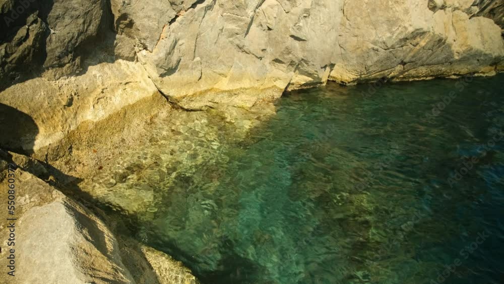 View of the crystal clear turquoise waters next to rocks at the famous Perissa beach in Santorini Greece View of the crystal clear turquoise waters next to rocks at the famous Perissa beach in Santorini Greece