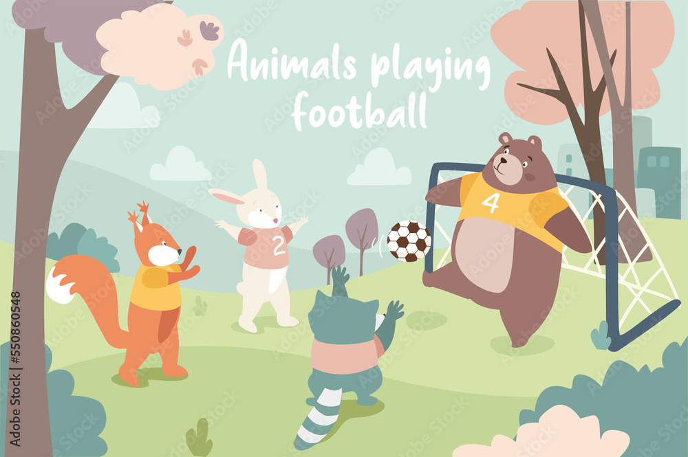 Animals playing football concept background. Rabbit, badger and raccoon kick ball and boar goalkeeper catches it at gate. Cute pets on playground in forest. Illustration in flat cartoon design