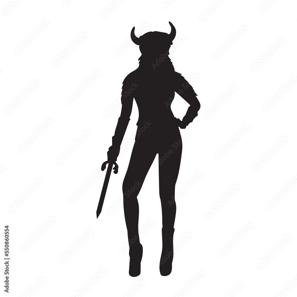 Female Viking warrior with horned helmet silhouette. Vector illustration of barbarian warrior.