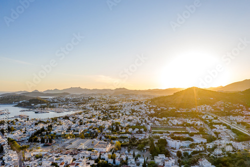 Aerial view of a sunsetin the hills of  coast of Bodrum, Turkey. photo