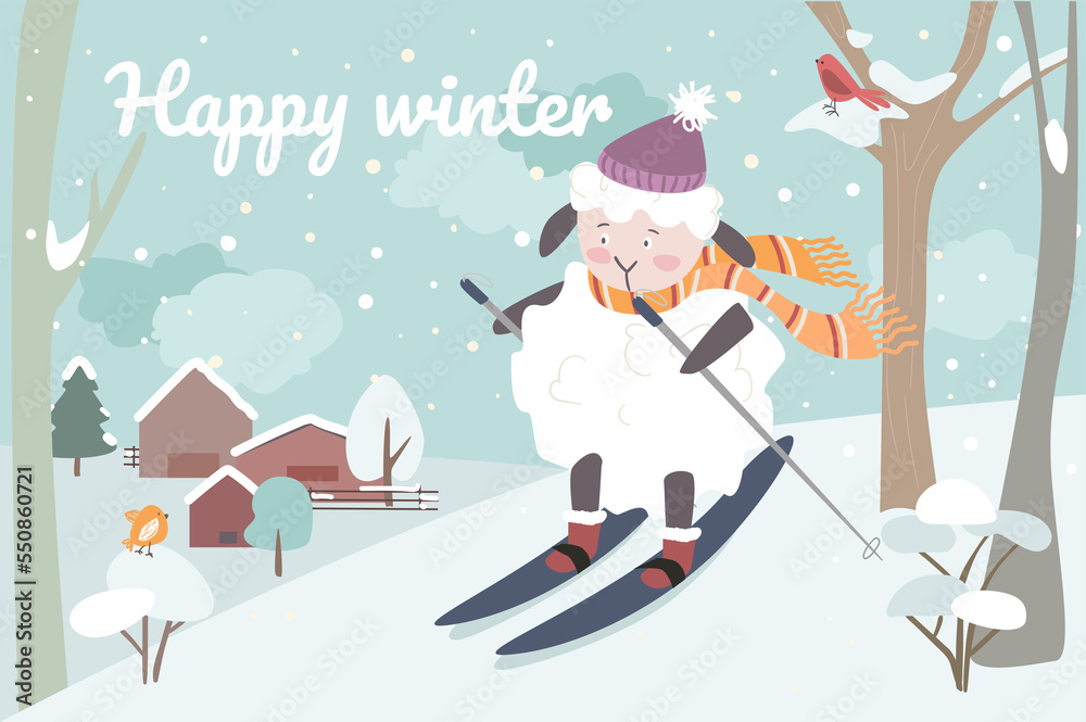 Happy winter animals concept background. Hedgehog and owl in warm scarves drink coffee and eat donuts sitting on bench in park. Cute pets in snowy city. Illustration in flat cartoon design